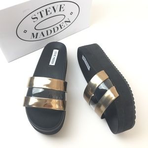 NEW Steve Madden Black Gold Platform Slide Sandals